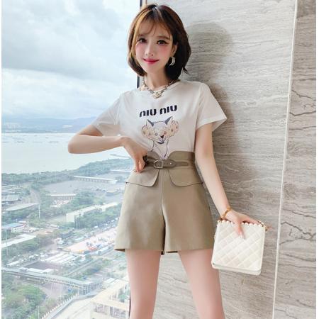 PS47749# 拼接丝光棉卡通动物印花T恤+腰封阔腿短裤套装女夏新款 服装批发女装直播货源