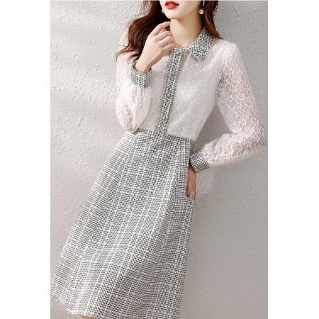 PS62336# 秋季新品秋装气质收腰裙子中长款女拼接优雅长袖显瘦连衣裙 服装批发女装服饰货源