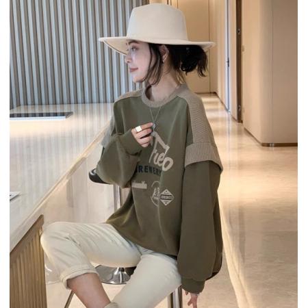 PS62341# 绿色圆领卫衣女士短款宽松大码洋气休闲无帽上衣春秋新款欧货 服装批发女装服饰货源