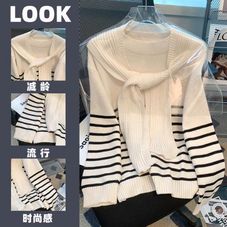PS62347#  秋季上衣外套女2022年学院风减龄外穿小个子条纹宽松针织衫女春秋