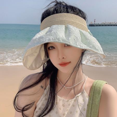 TR31969# 韩版夏季新款帽子女高级感压花彩胶防晒遮阳帽夏季空顶大沿太阳帽 帽子批发