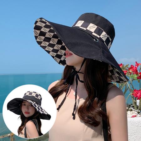 TR31977# 韩版夏季帽子女时尚百搭棋盘格双面大沿渔夫帽旅游防晒遮阳帽 帽子批发