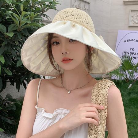 TR31978# 韩版夏季新款帽子女彩胶防晒遮阳帽蝴蝶结收纳包空顶大沿太阳帽潮 帽子批发