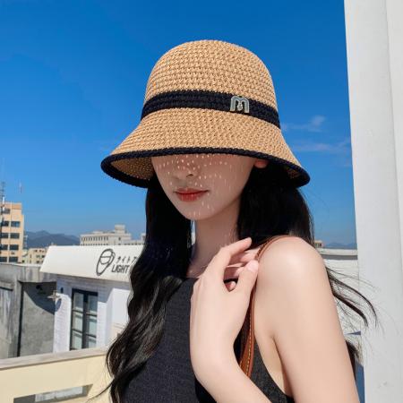TR31983# 韩版帽子女高品质金属M标针织渔夫帽夏季网眼透气防晒显脸小盆帽 帽子批发
