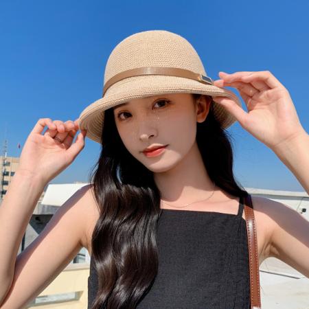 TR31984# 韩版春秋新款帽子女高档皮扣纯色百搭渔夫帽夏季简约防晒盆帽 帽子批发