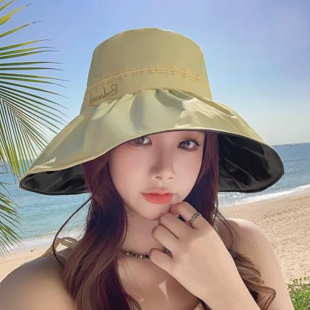 TR31993# 韩版新款帽子女高品中质刺绣字母黑胶防晒遮阳帽夏季大沿沙滩太阳 帽子批发