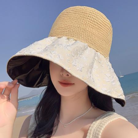 TR31995# 韩版夏季新款帽子女高级感压花黑胶防晒遮阳帽旅游度假大沿太阳帽 帽子批发