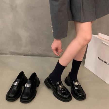 X-30443# 厚底百搭黑色乐福单鞋女鞋子新款春秋季一脚蹬英伦风小皮鞋 鞋子批发女鞋货源